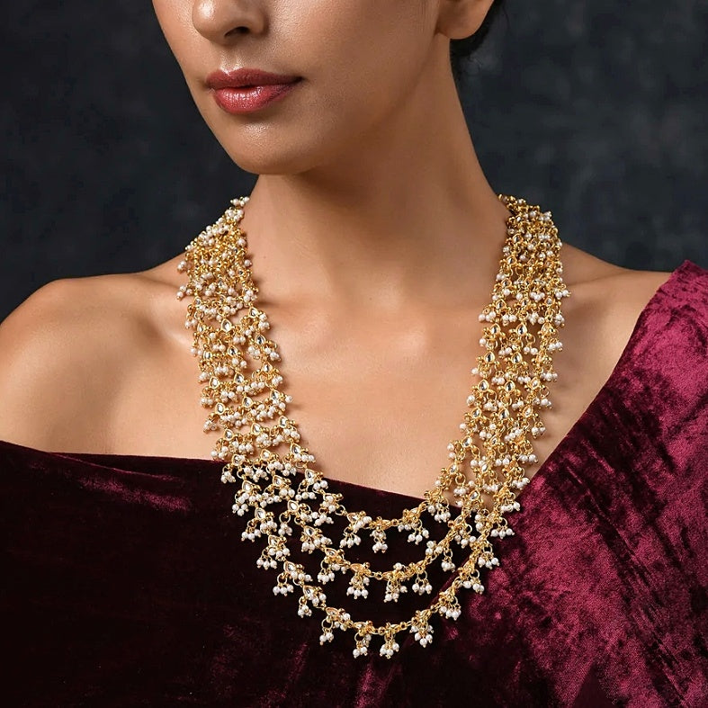 Gold Plated Kundan Necklace with Onyx, Agate and Pearls