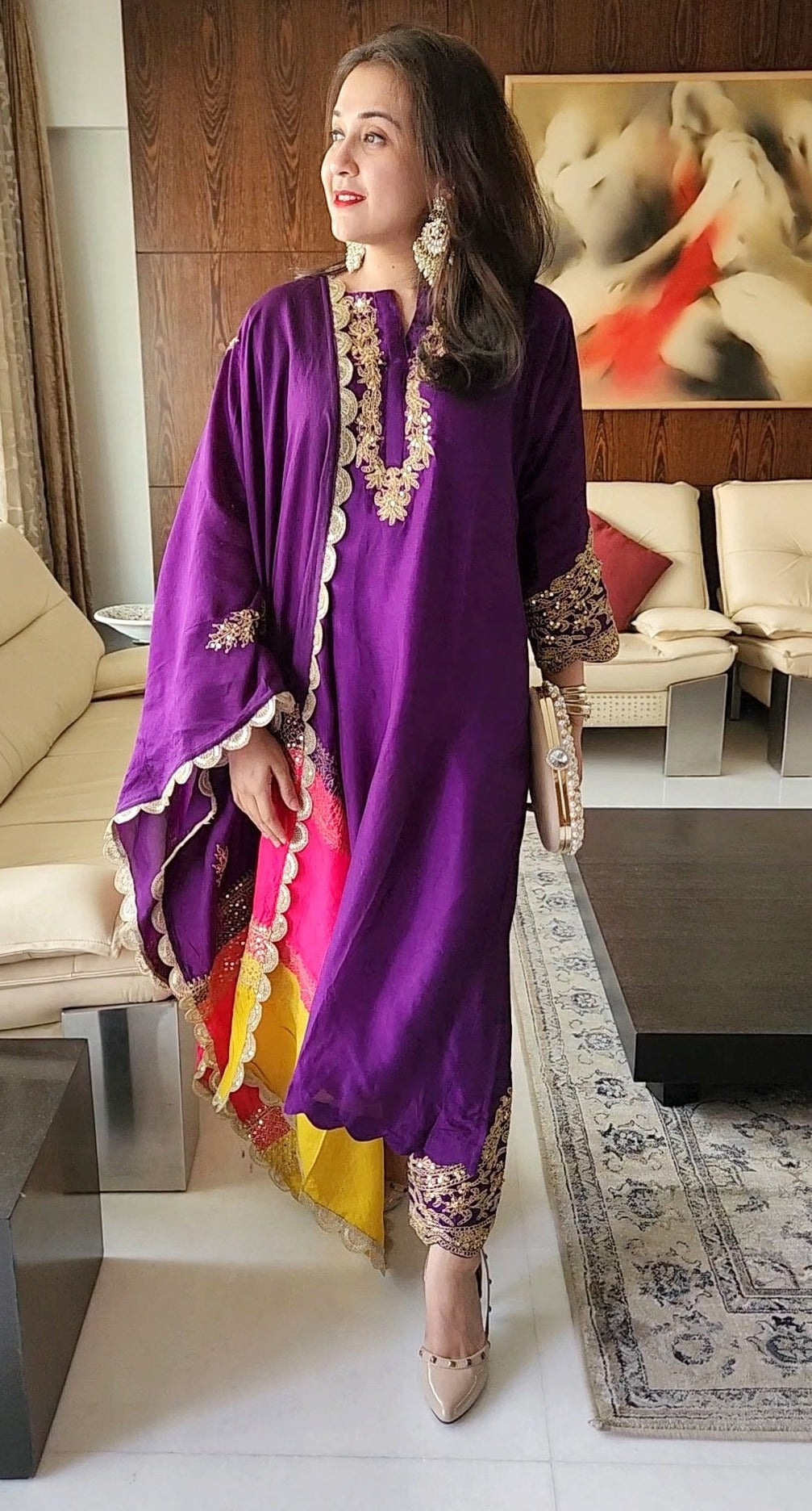 Colour block kurta set purple