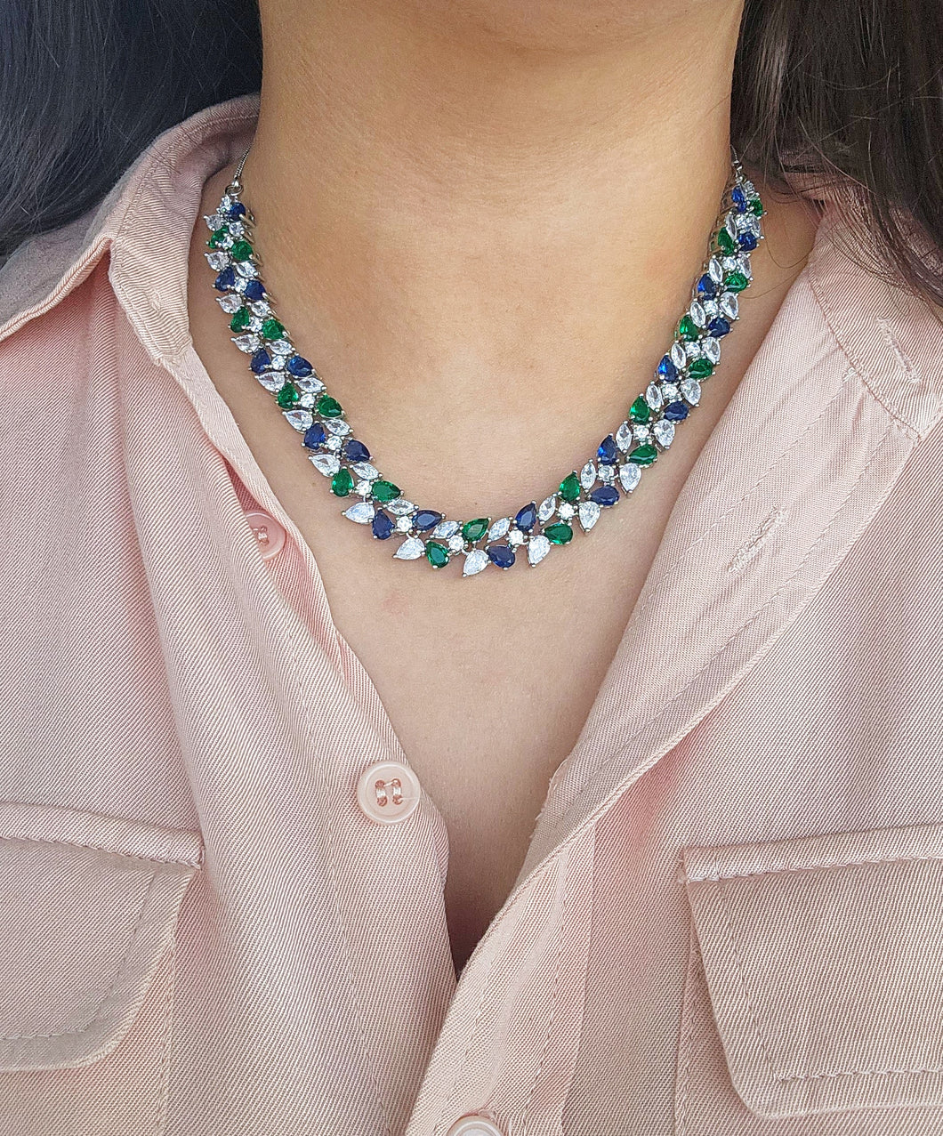 Emerald and blue sapphire necklace