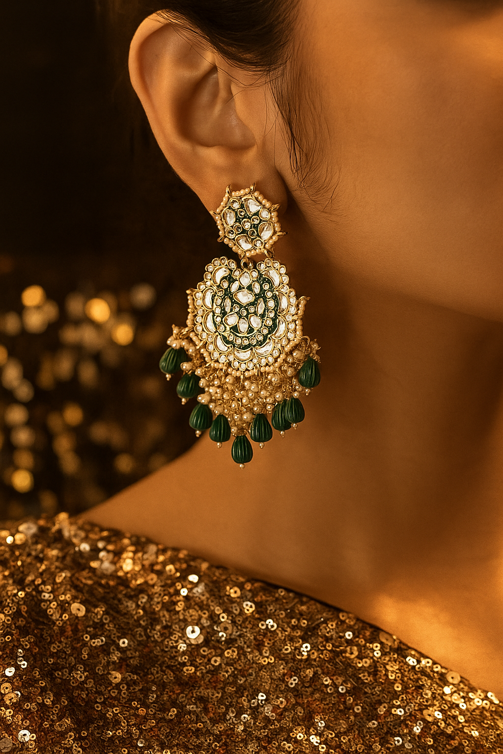 Kundan and emerald meenakari earrings