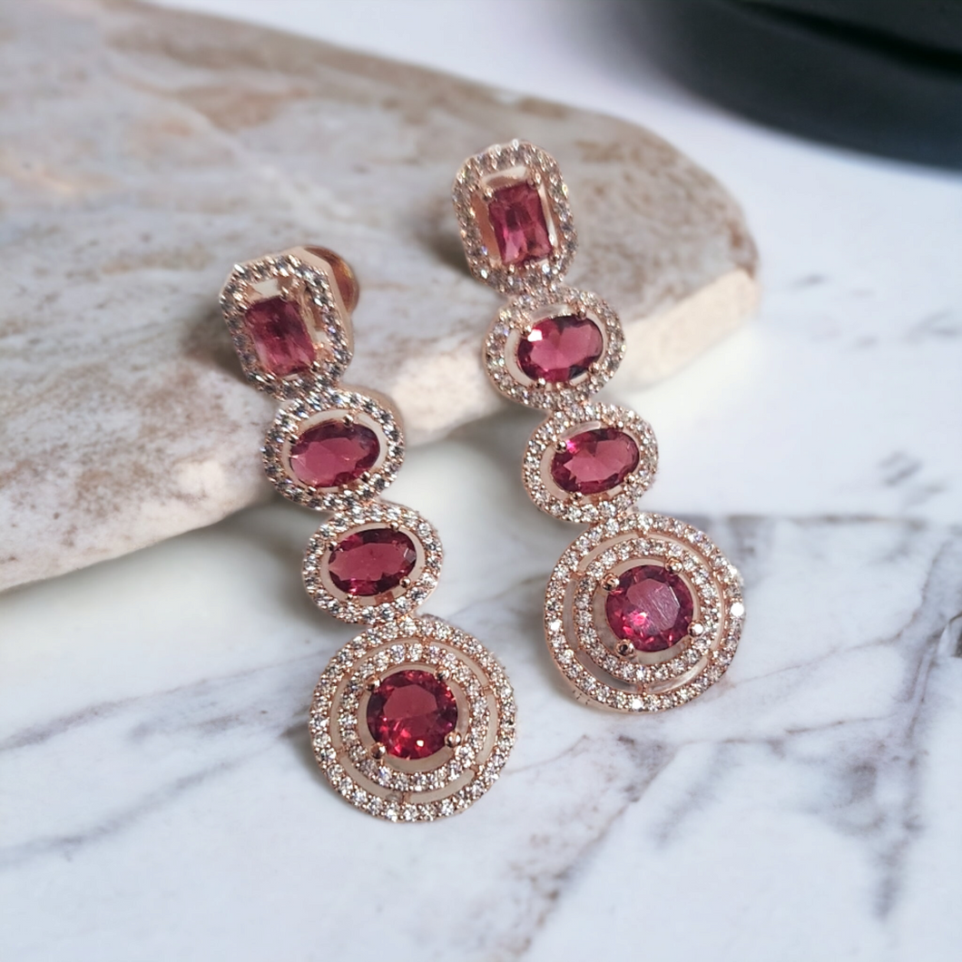 Ruby rose gold halo diamond earrings