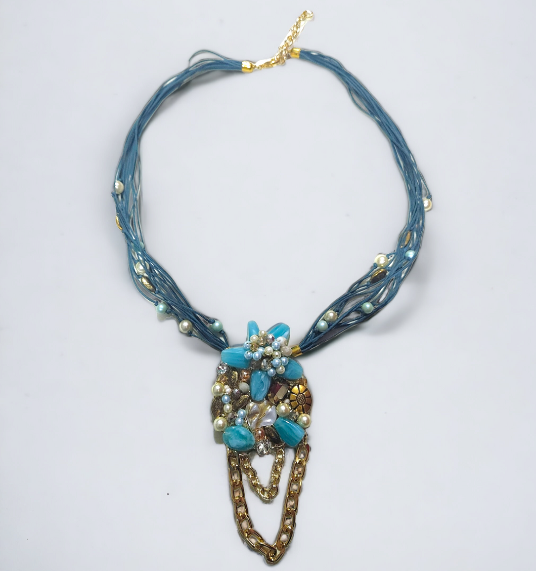 Embellished cluster semi precious necklace- Teal