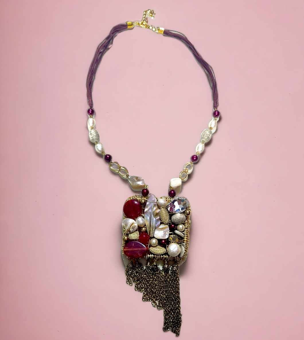 Embellished cluster semi precious necklace- Maroon