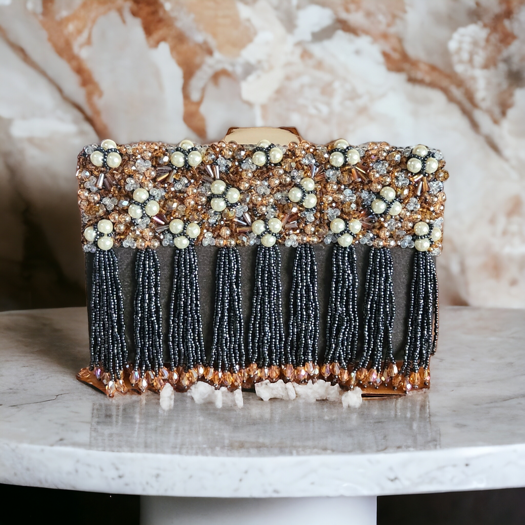 Embellished tassels clutch
