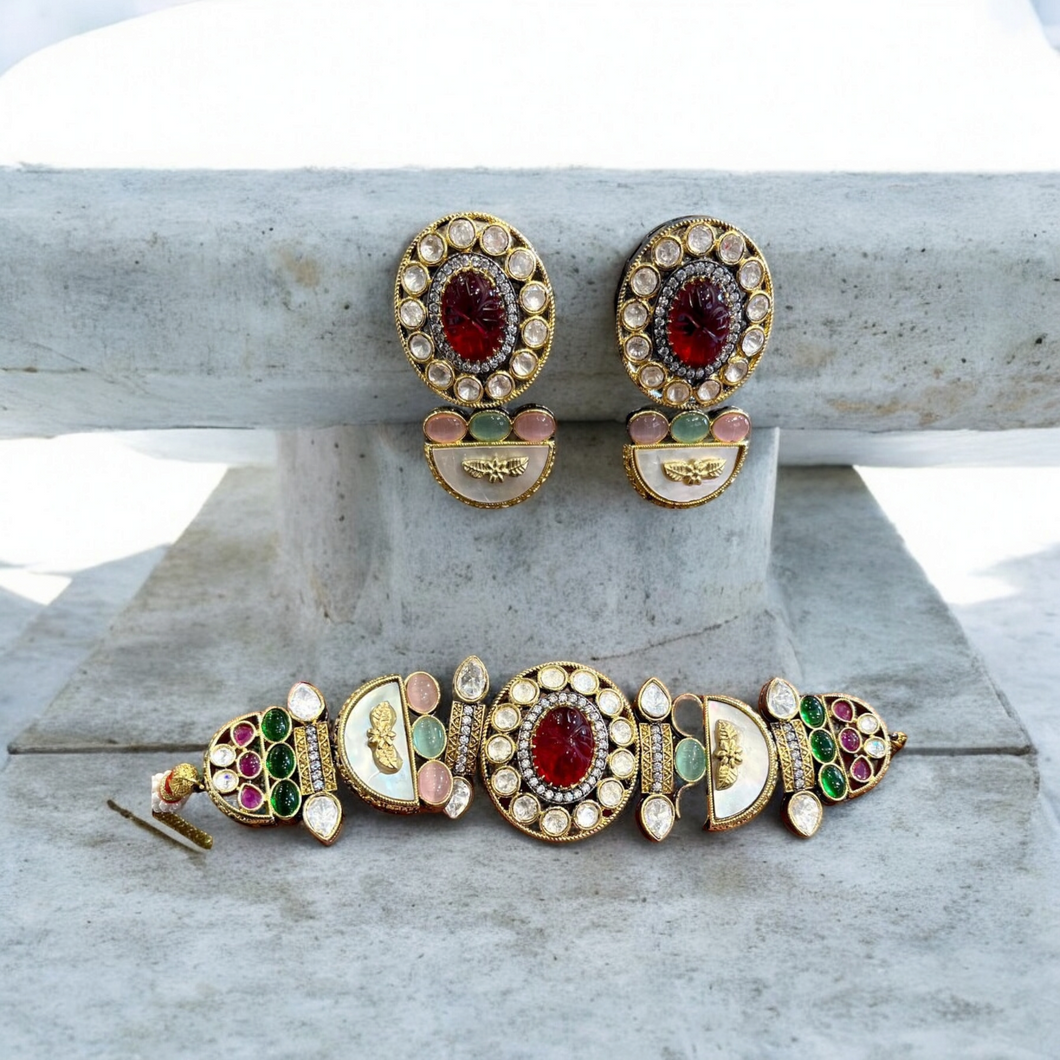 Jadau choker with earrings- multicolour