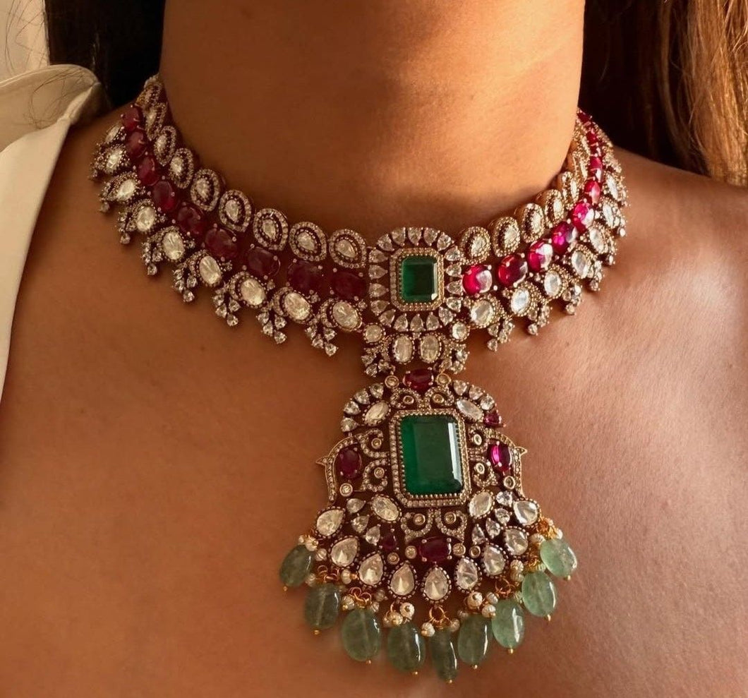 Nayantara Necklace Set (Radiant Polki & Emerald Heritage Set)