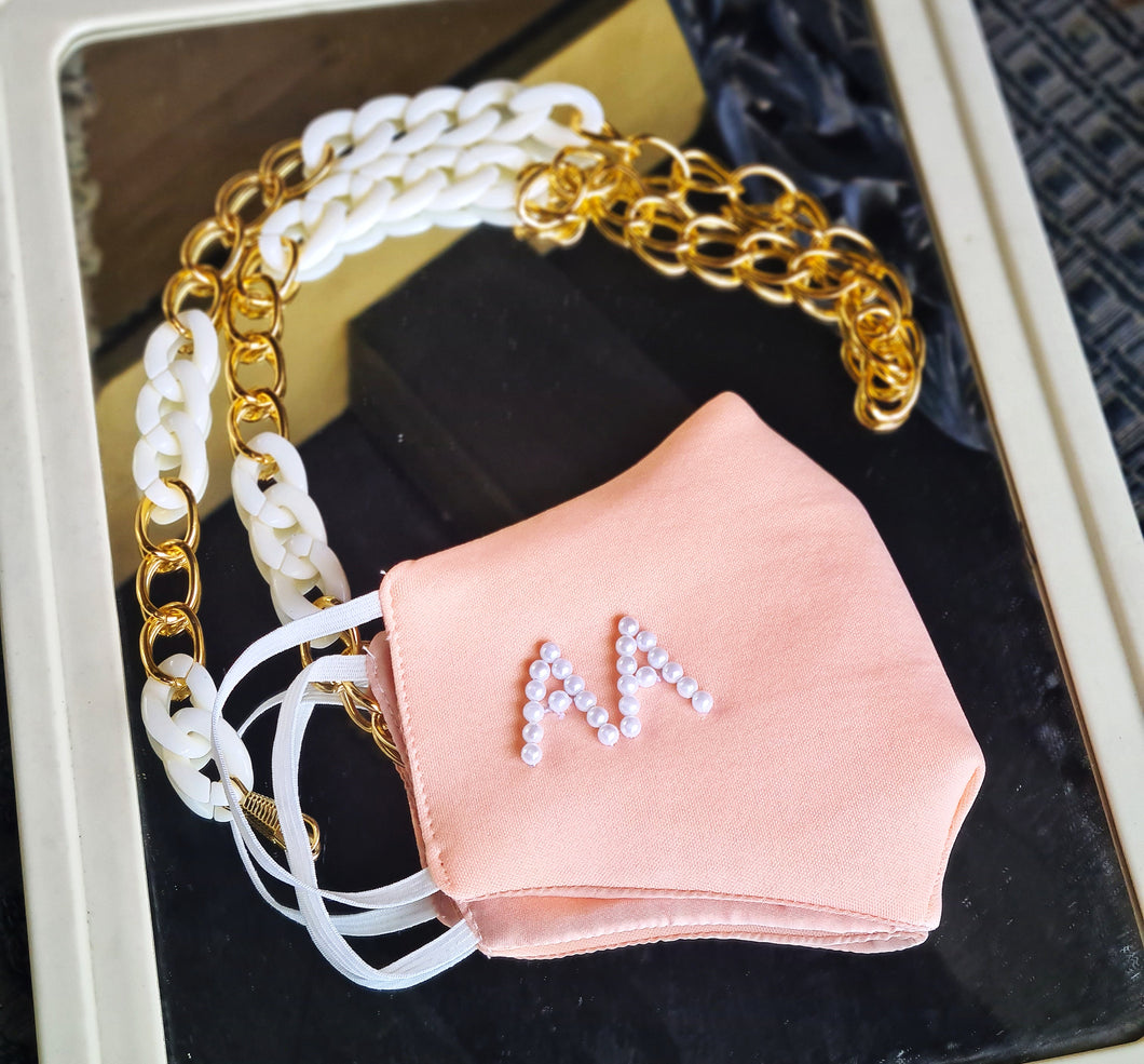 Customised initials Peach mask with chain