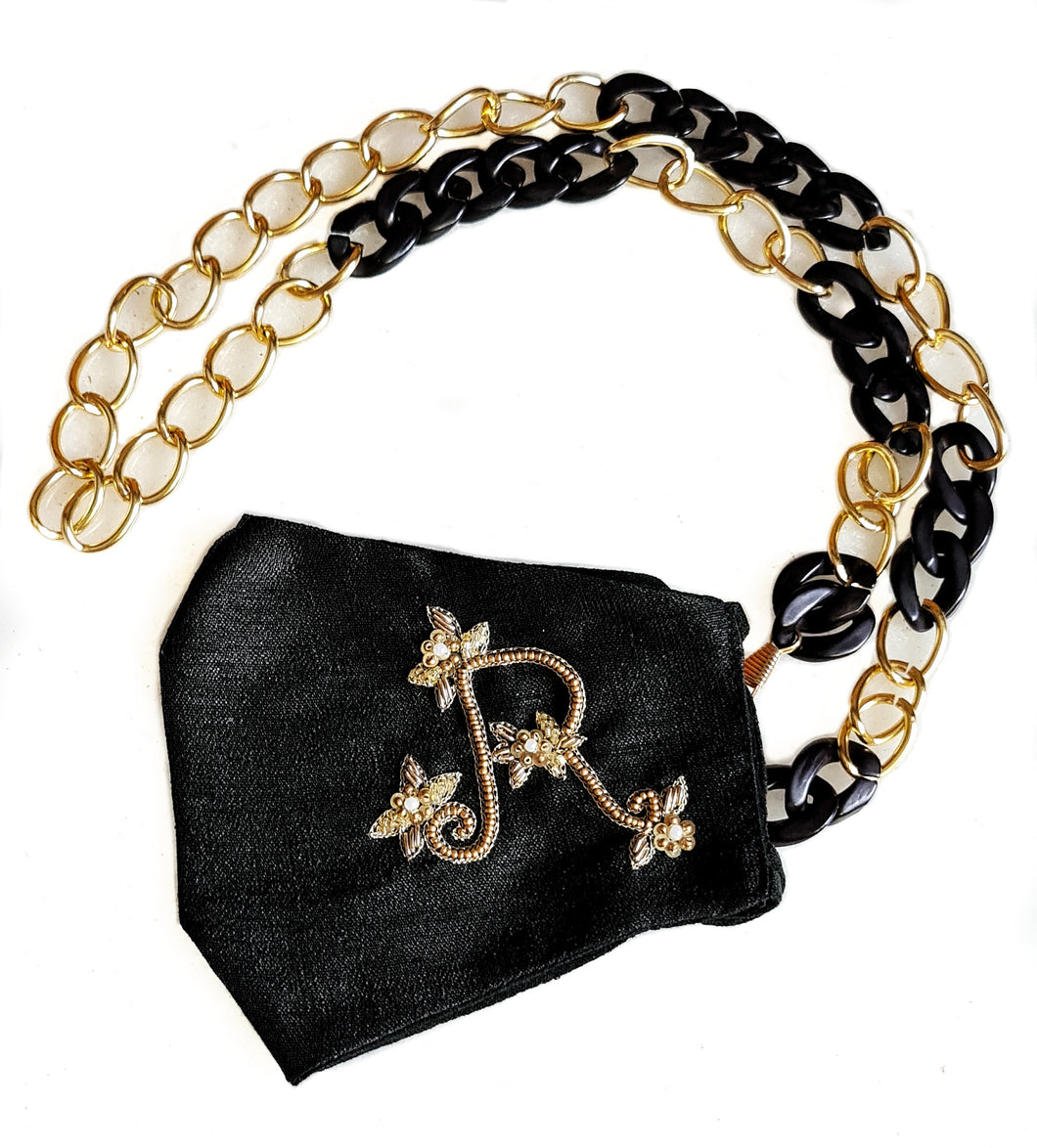 Black initials silk mask and chain set