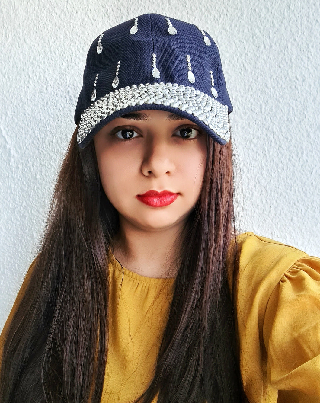 Diamonté denim cap