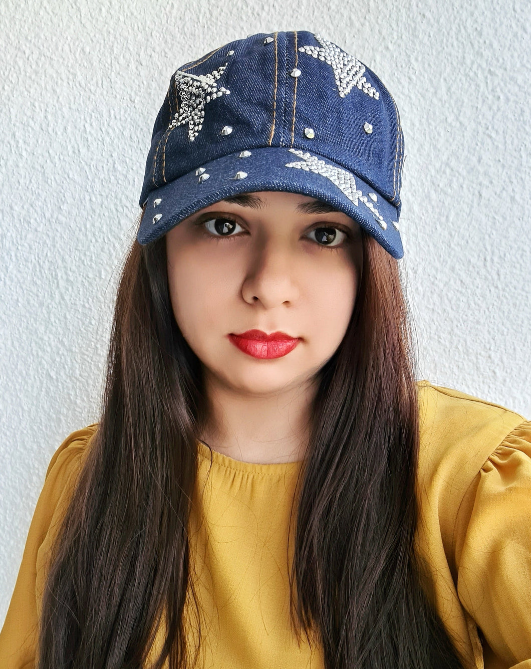Denim star studded cap