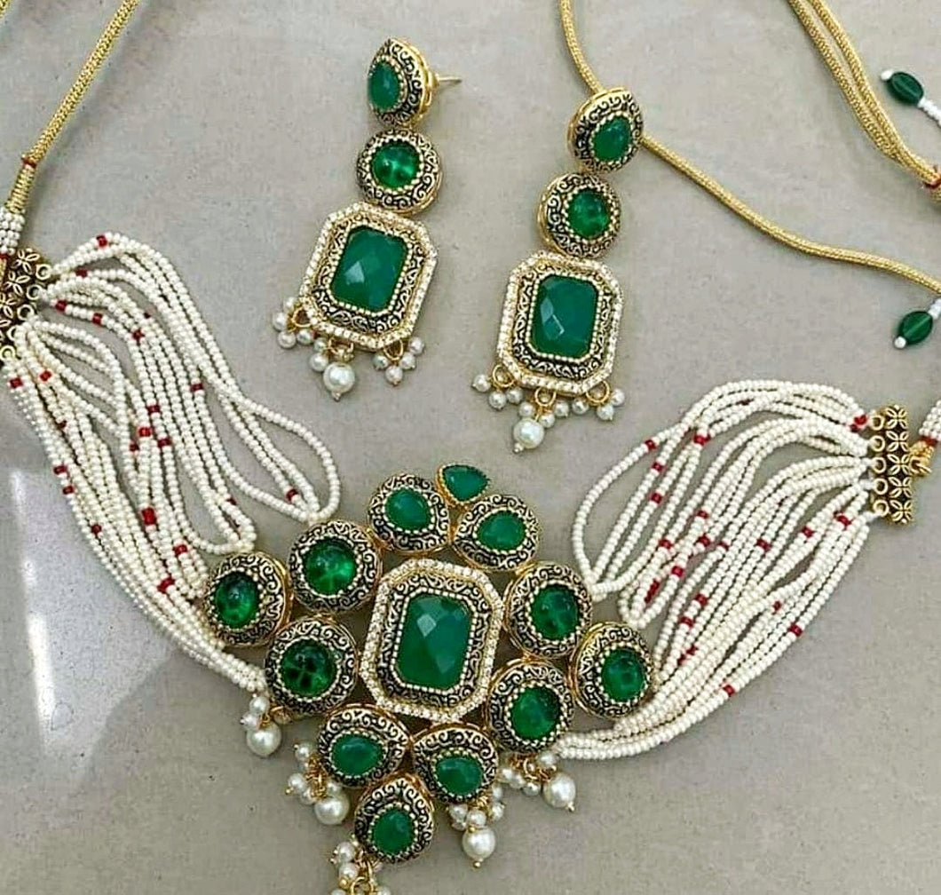 Antique Gold choker set- Green