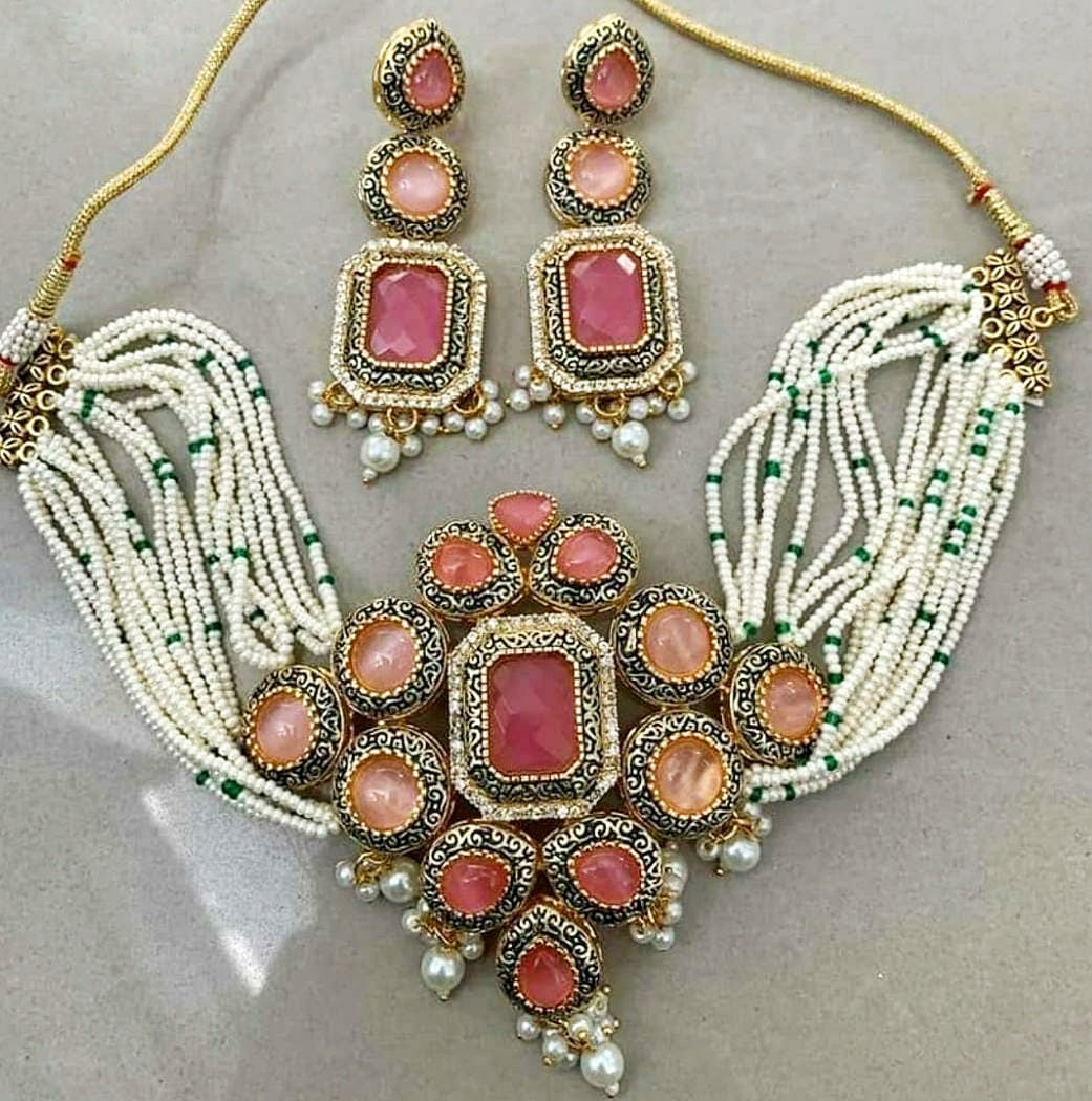 Antique Gold choker set- Peach