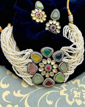 Load image into Gallery viewer, Antique diamond and kundan multicoloured choker set
