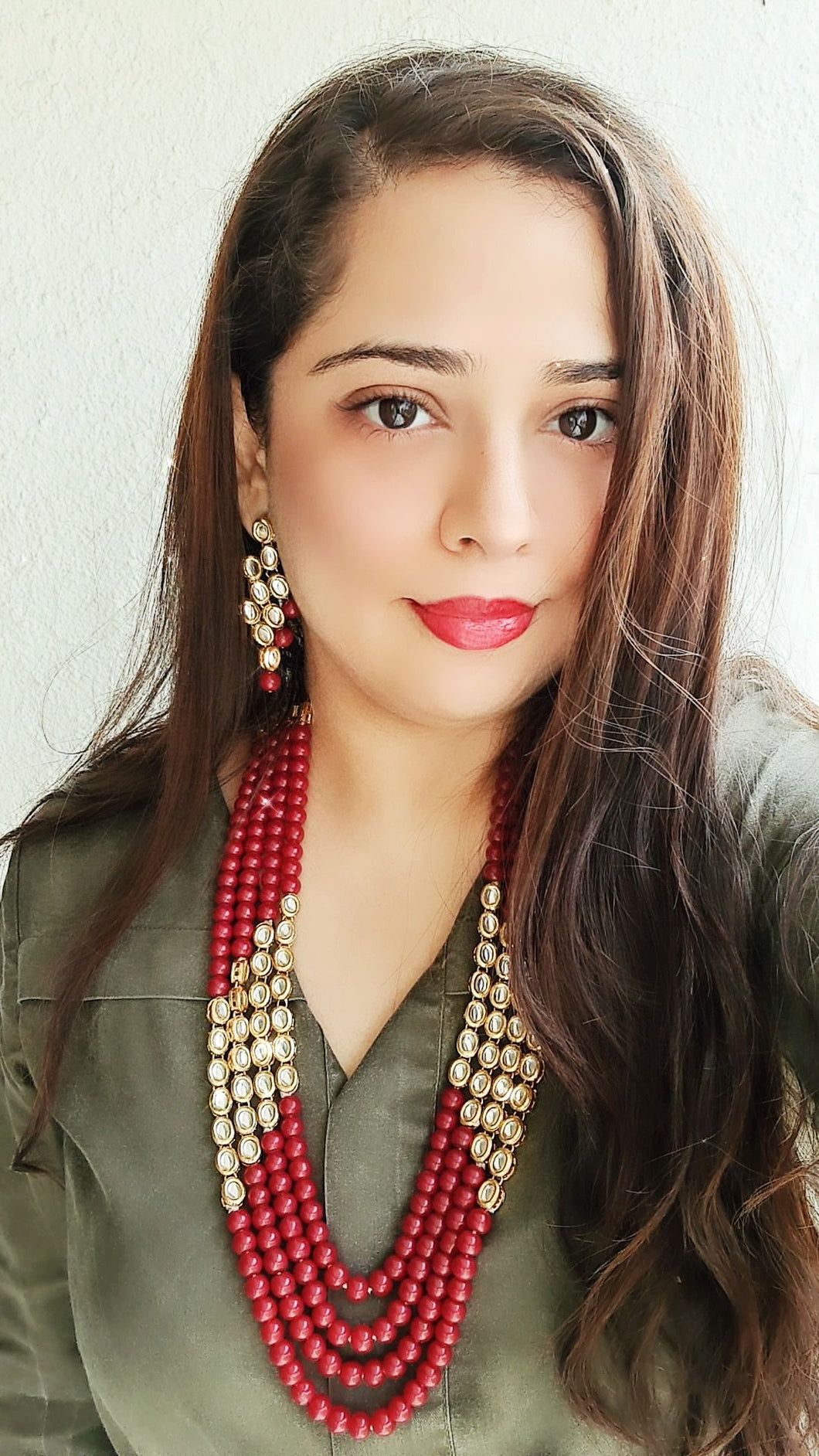 Classic long red beaded kundan set