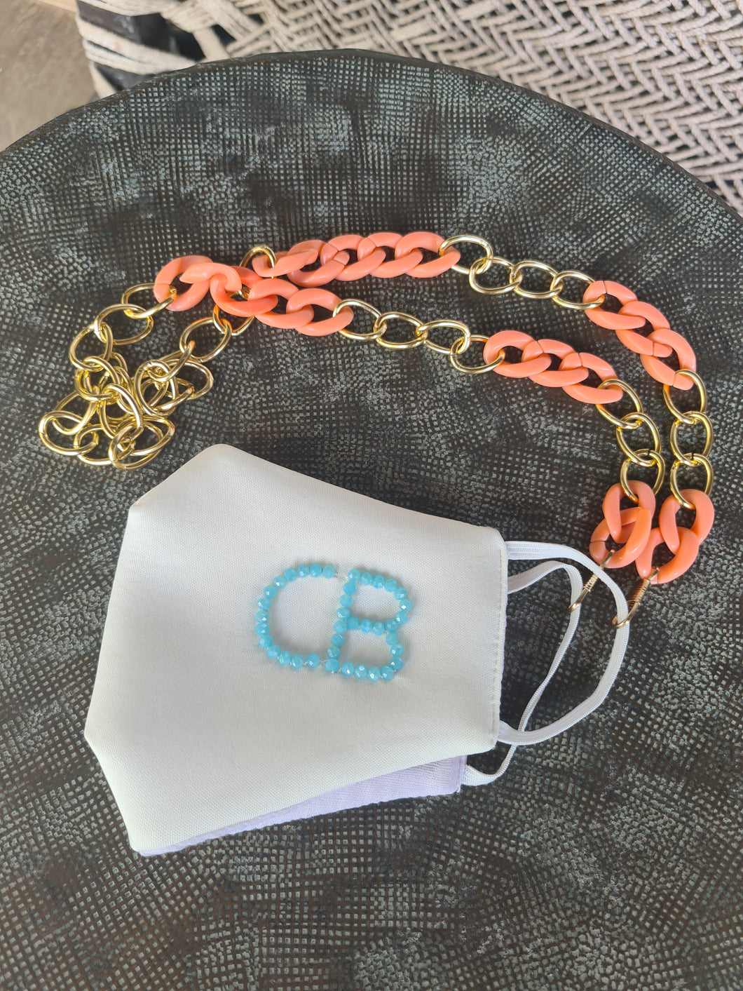 Customised initials white mask with chain