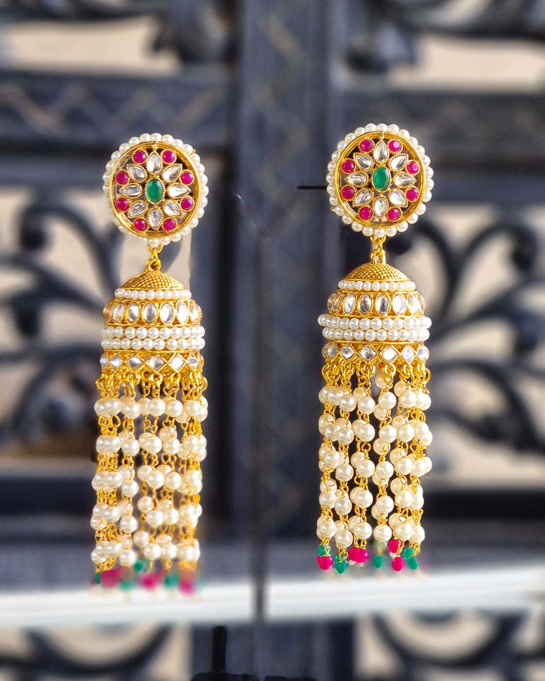 Statement meenakari kundan earrings with pearl hangings