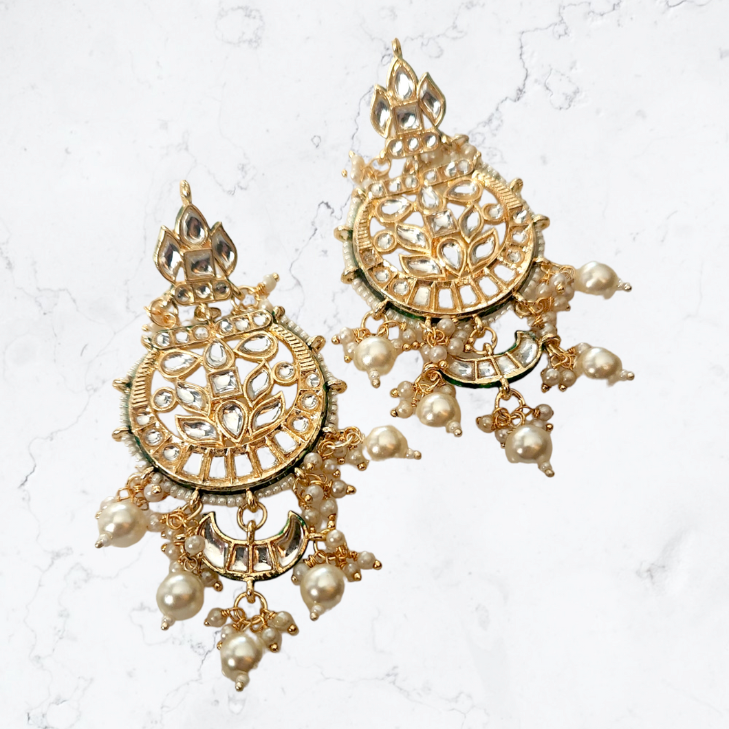 Pachi kundan and pearl chandbali earrings